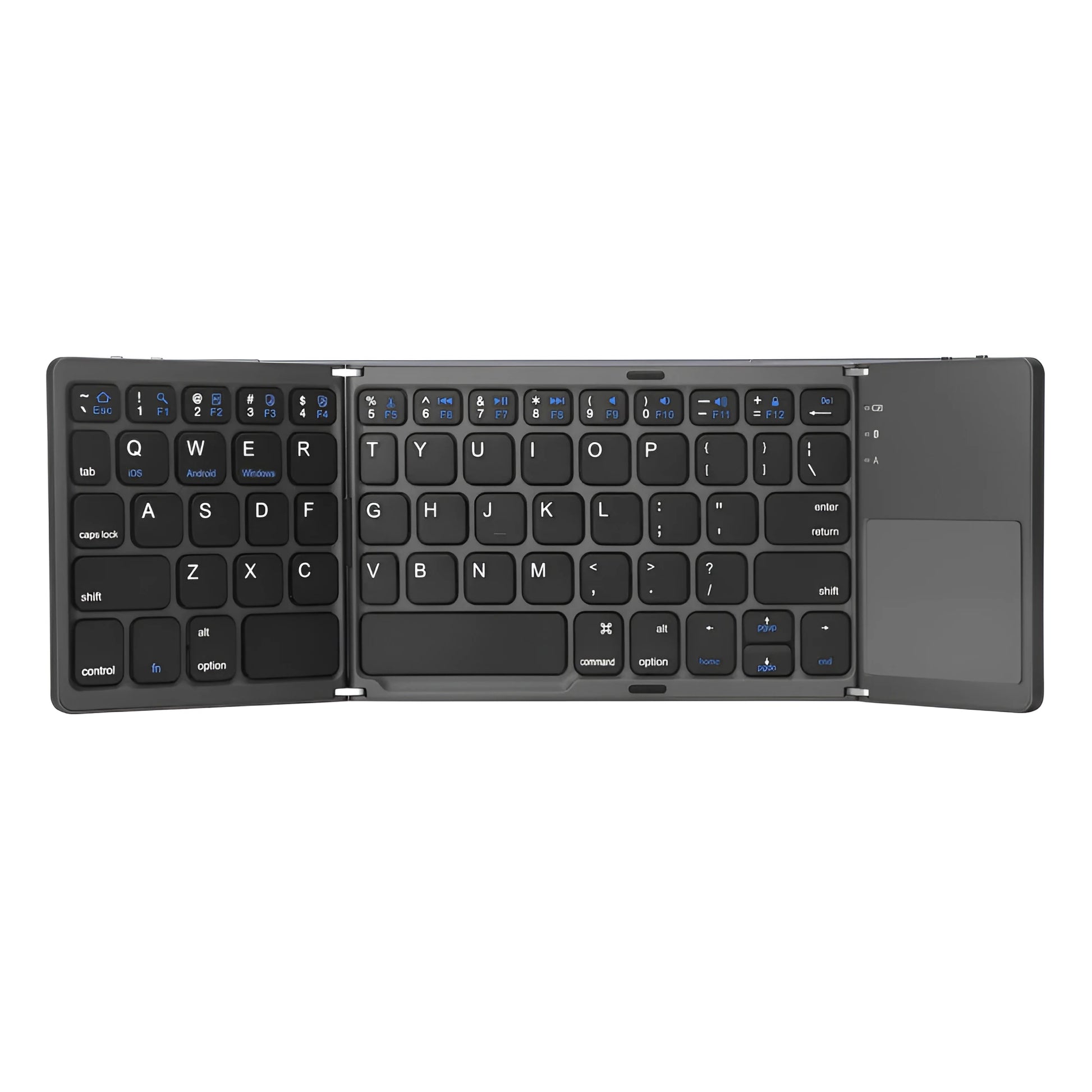 Tri-fold folding touch keyboard shown both unfolded for typing and folded for transport with touchpad
