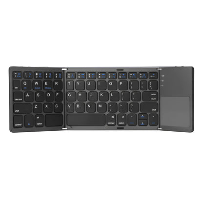 Tri-fold folding touch keyboard shown both unfolded for typing and folded for transport with touchpad