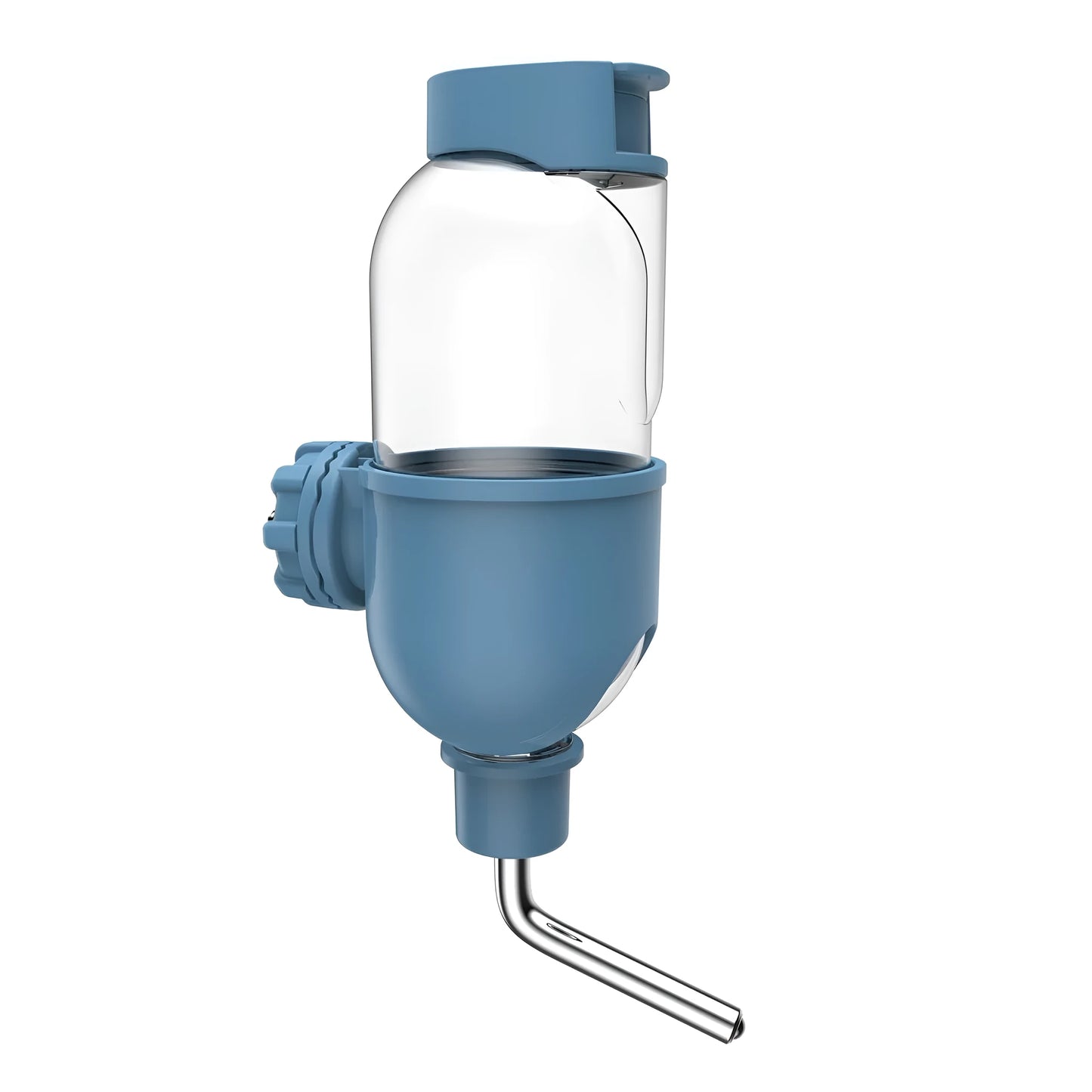 Blue small animal water bottle with rotatable nozzle mounted on a wire cage for a rabbit or guinea pig.