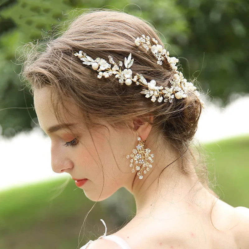 Gold bridal hair clip 27 x 13cm and earrings 6.5 x 4cm with rhinestone crystal and imitation pearl
