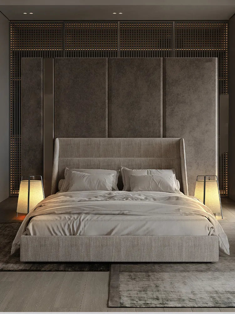 Japanese wabi-sabi floor lamp with cloth shade, iron frame, LED light source and push-button switch