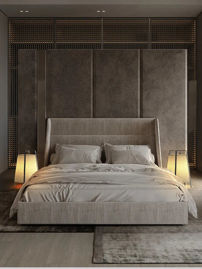 Japanese wabi-sabi floor lamp with cloth shade, iron frame, LED light source and push-button switch