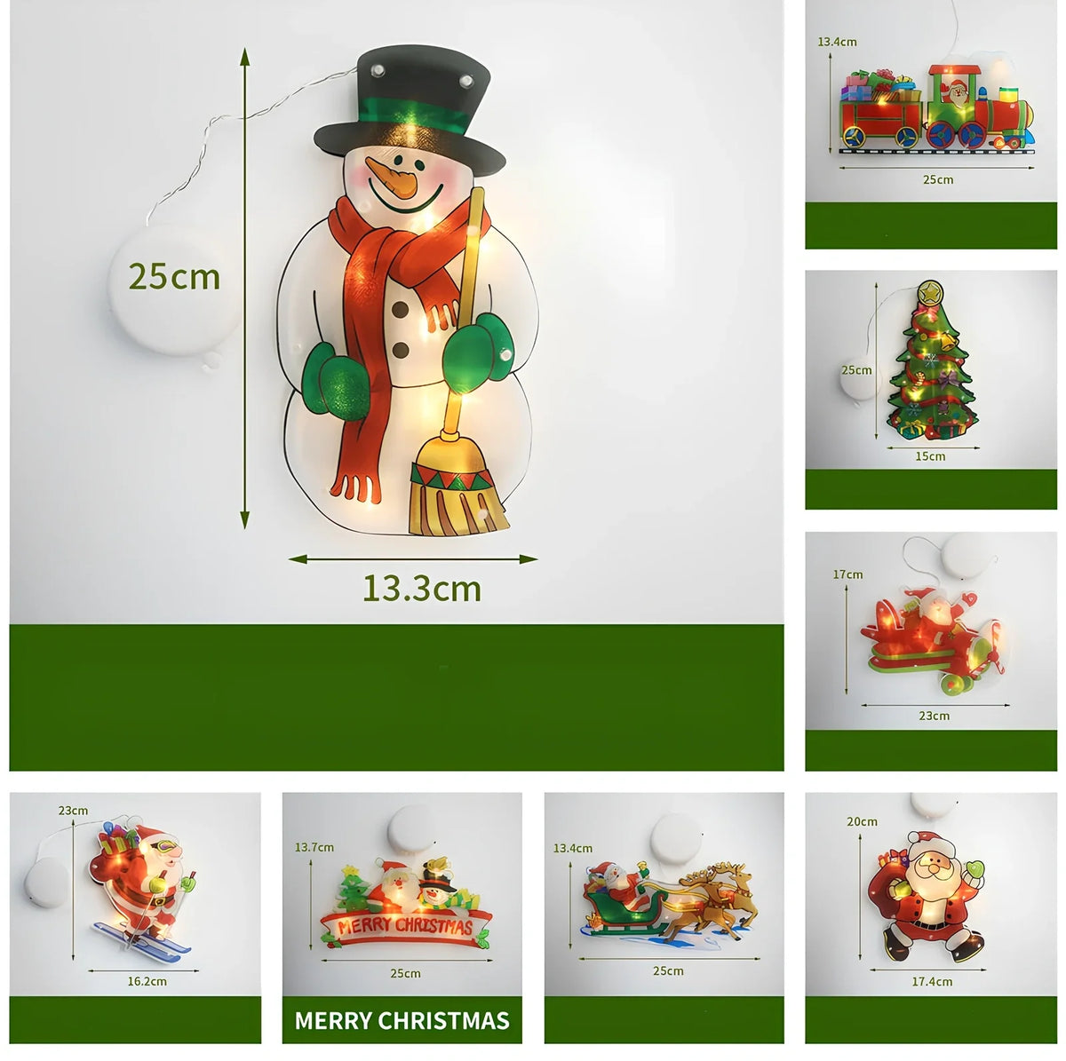 LED Christmas hanging lights with suction cups showing snowman design illuminated on window