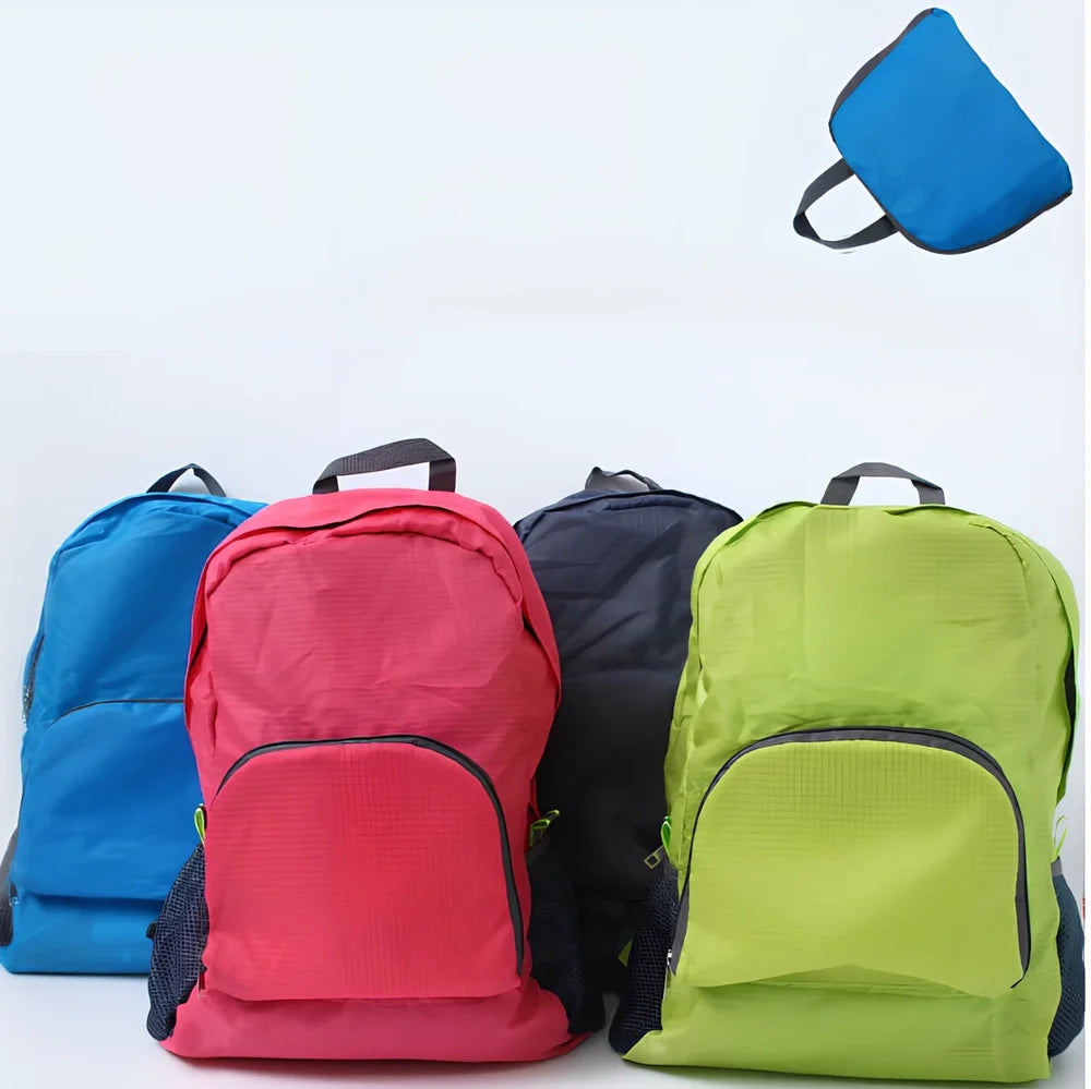 Yellow foldable sports backpack showing 30.5x42cm dimensions and compression feature