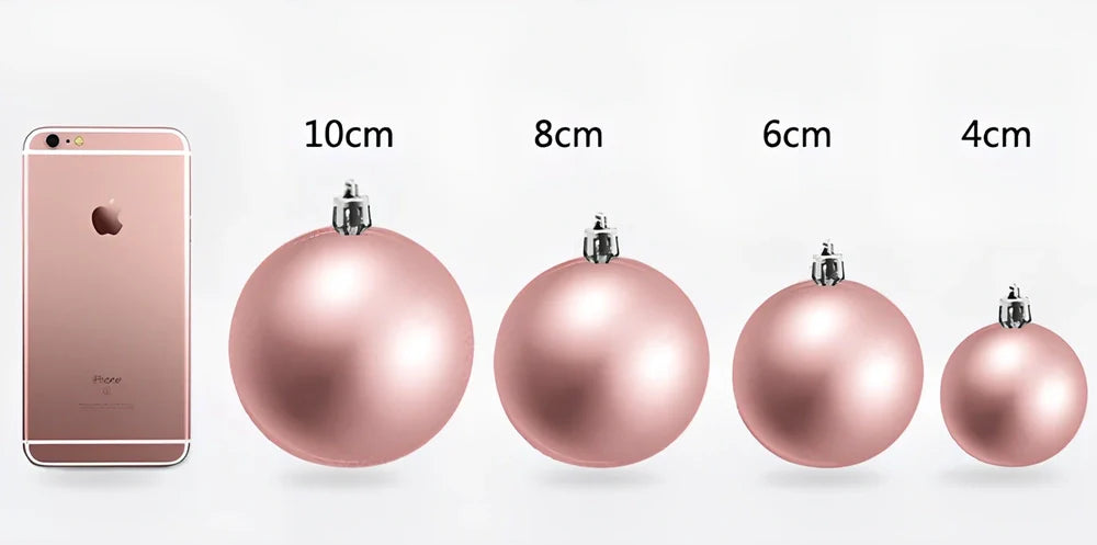 Christmas ball decorations in blue, green, purple, red, rose red, and silver colours showing 4cm, 6cm, and 8cm size comparison