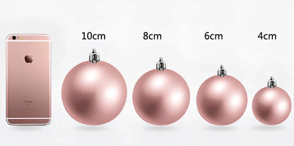 Christmas ball decorations in blue, green, purple, red, rose red, and silver colours showing 4cm, 6cm, and 8cm size comparison