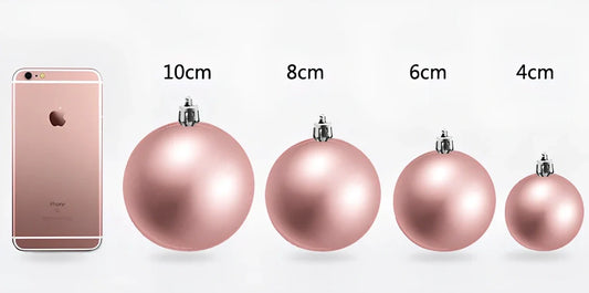 Christmas ball decorations in blue, green, purple, red, rose red, and silver colours showing 4cm, 6cm, and 8cm size comparison
