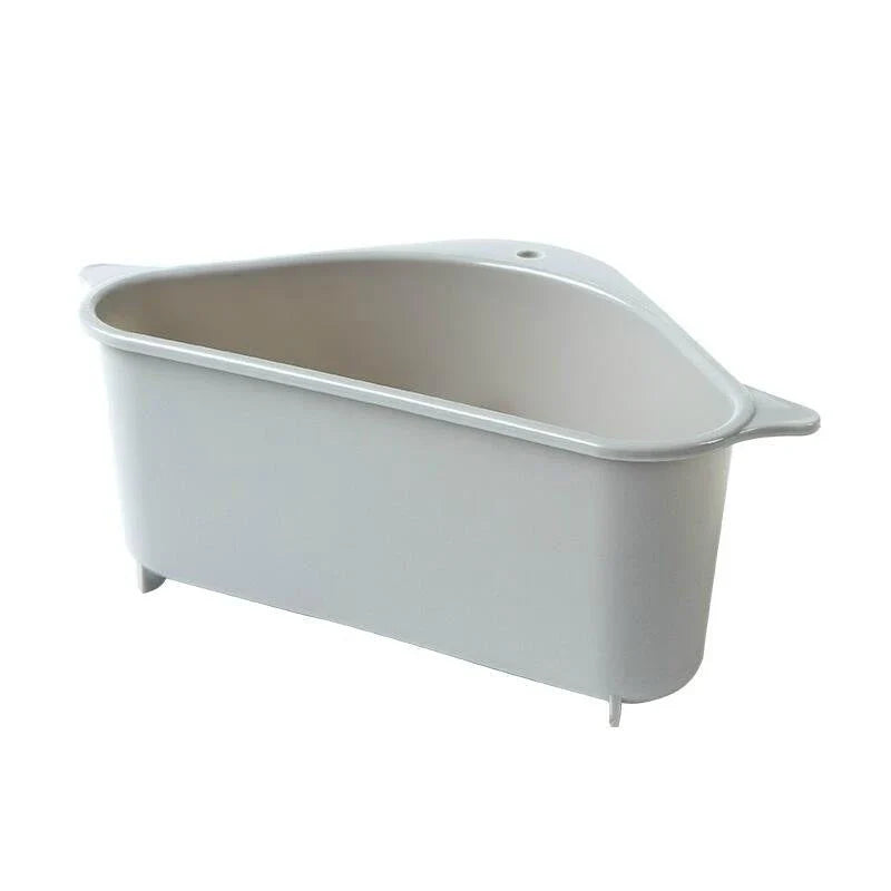 Multifunctional dish drying rack with raised edges and triangle shape for convenient storage of sponges, scrubbers, and soap in kitchen sinks