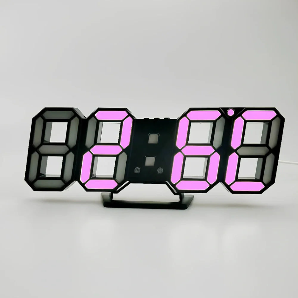 3D LED digital clock showing time and temperature display with adjustable brightness settings