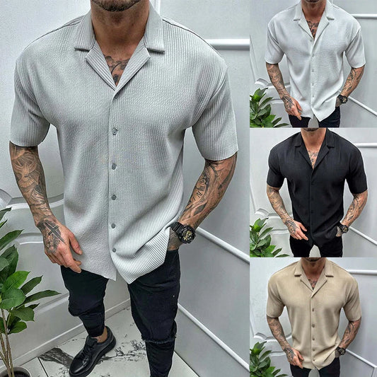 Men's stylish cotton blend short sleeve cardigan shirt in solid colors