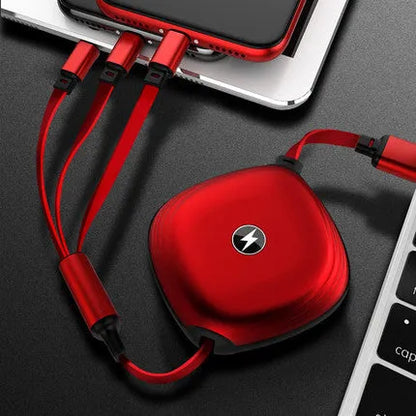 Black telescopic 3-in-1 charging cable extended to full 120cm length, showing three connector tips.