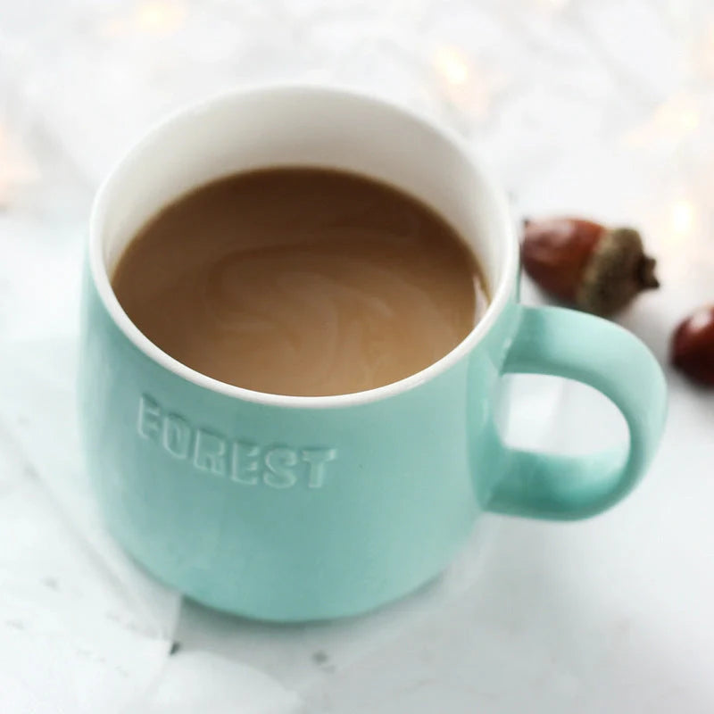 Ceramic Micro Landscape Milk Cup with embossed letters and colorful animal motif