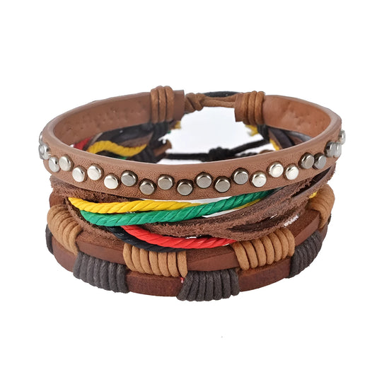 Hand-woven brown leather bracelet with wooden beads and rope detailing on a wrist.