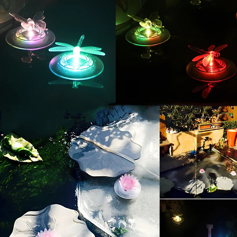 Solar LED float lamp with butterfly design floating on garden pond water surface