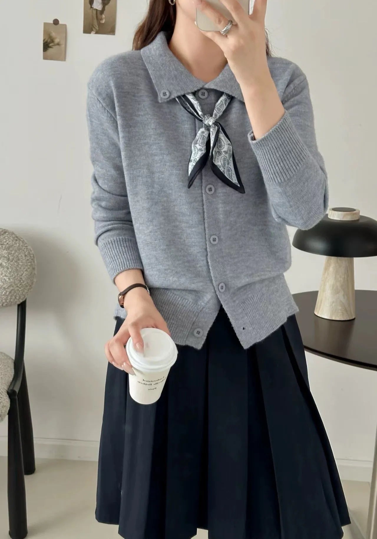 Lazy Fashion Lapel Scarf Sweater in cardigan style with splicing details and long sleeves