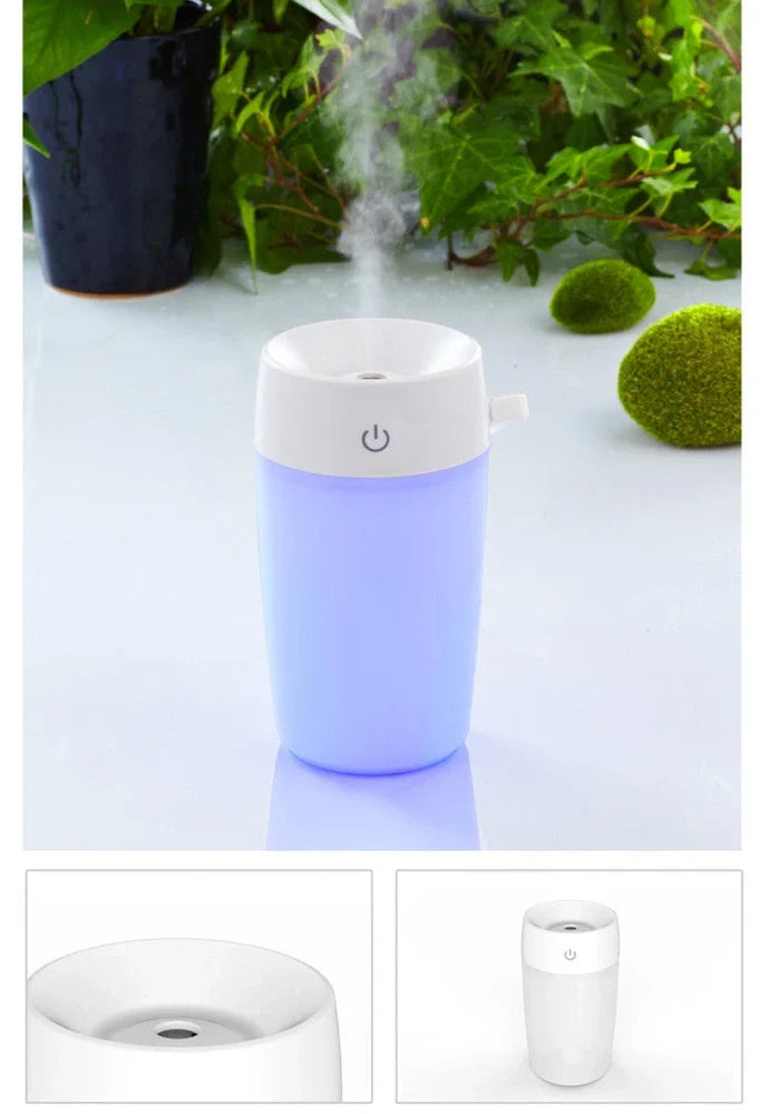 Mini air humidifier in white colour with USB cable, showing compact size suitable for desk use