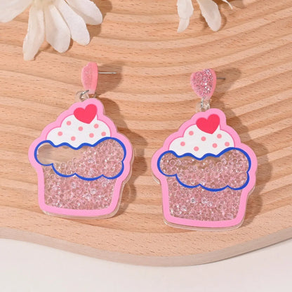 Colourful acrylic earrings with fruit and dessert designs including cherry, strawberry, watermelon, pineapple, coconut, cake and ice cream motifs