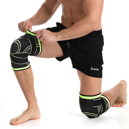 Outdoor sports pressure knee pads in fluorescent green, breathable polyester construction for mountaineering and cycling