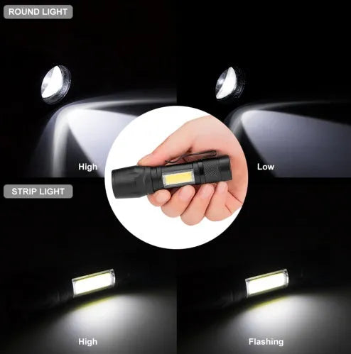 Black aluminium alloy telescopic LED flashlight with a pocket clip, shown zoomed in and out.