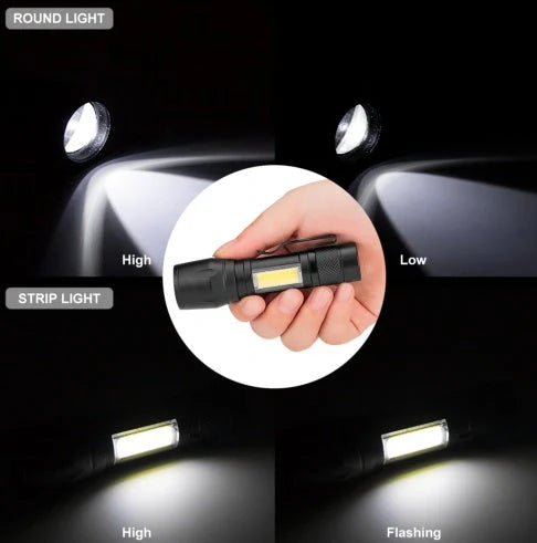 Black mini telescopic LED flashlight showing adjustable focus and pen-like design with clip attachment