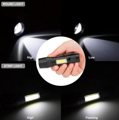 Black mini telescopic LED flashlight showing adjustable focus and pen-like design with clip attachment