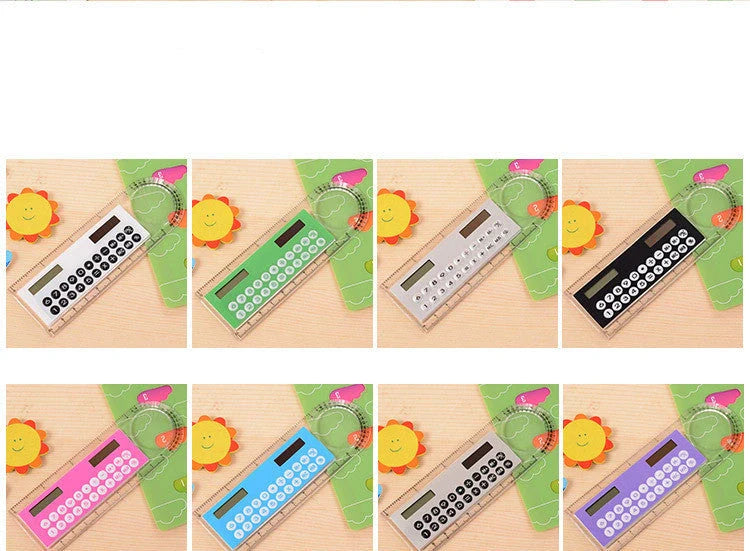 Solar-powered ultra-thin ruler calculator with magnifier, eco-friendly and portable
