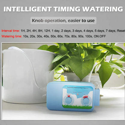 Blue plastic garden irrigation controller with smart timing for automated watering systems