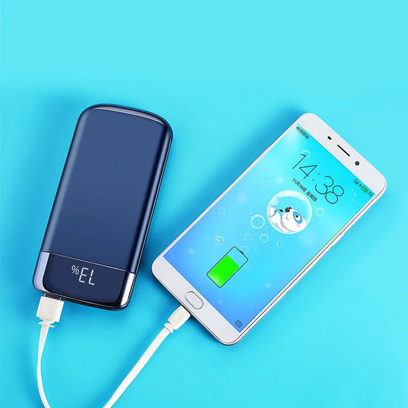 Y10 black portable power bank with LCD display showing battery percentage and two USB ports