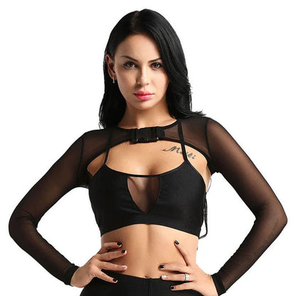 Women's transparent mesh crop top with long sleeves and front button closure