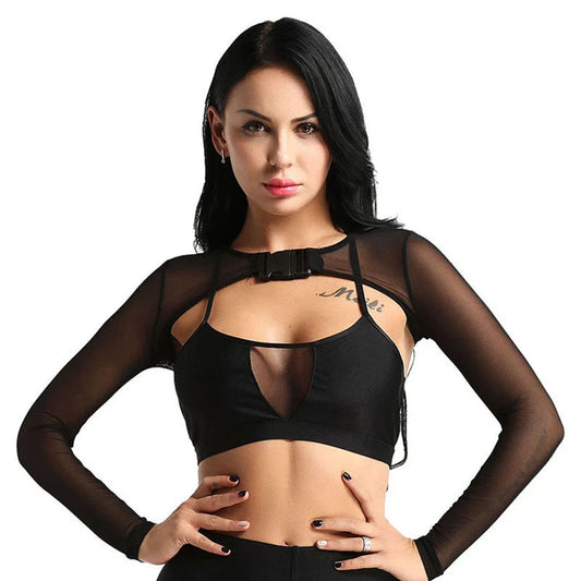 Women's transparent mesh crop top with long sleeves and front button closure