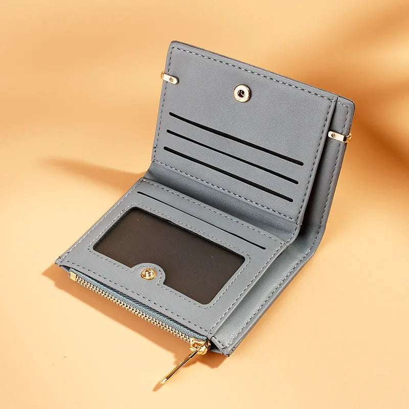 Multi card slot short zipper ladies wallet showing internal compartments including photo slot and zipper section