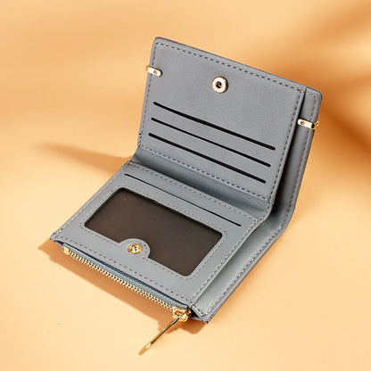 Multi card slot short zipper ladies wallet showing internal compartments including photo slot and zipper section
