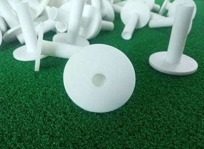 Premium white golf tees with adjustable heights ranging from 42mm to 80mm, presented in a 5-piece set for convenient use on the driving range or golf course
