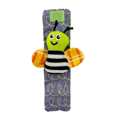 Four fabric baby socks with cartoon designs and ringing feature for infant training