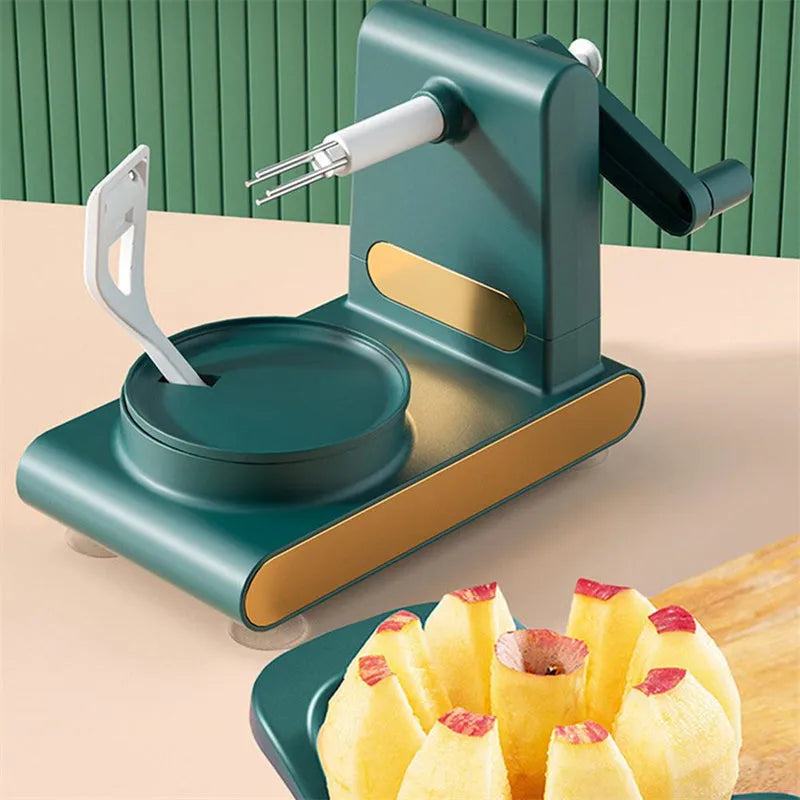 Hand-cranked ABS plastic peeler machine with suction cup base in light green colour