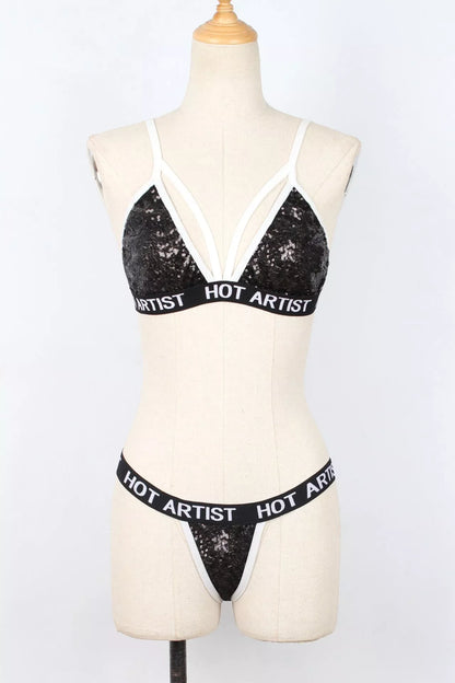 Ladies Fashion Sequin Lingerie Bikini Set in silver and black