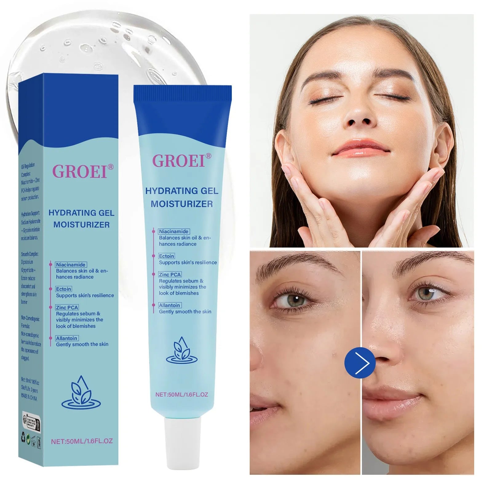 50ml moisturising facial gel with hyaluronic acid for skin hydration