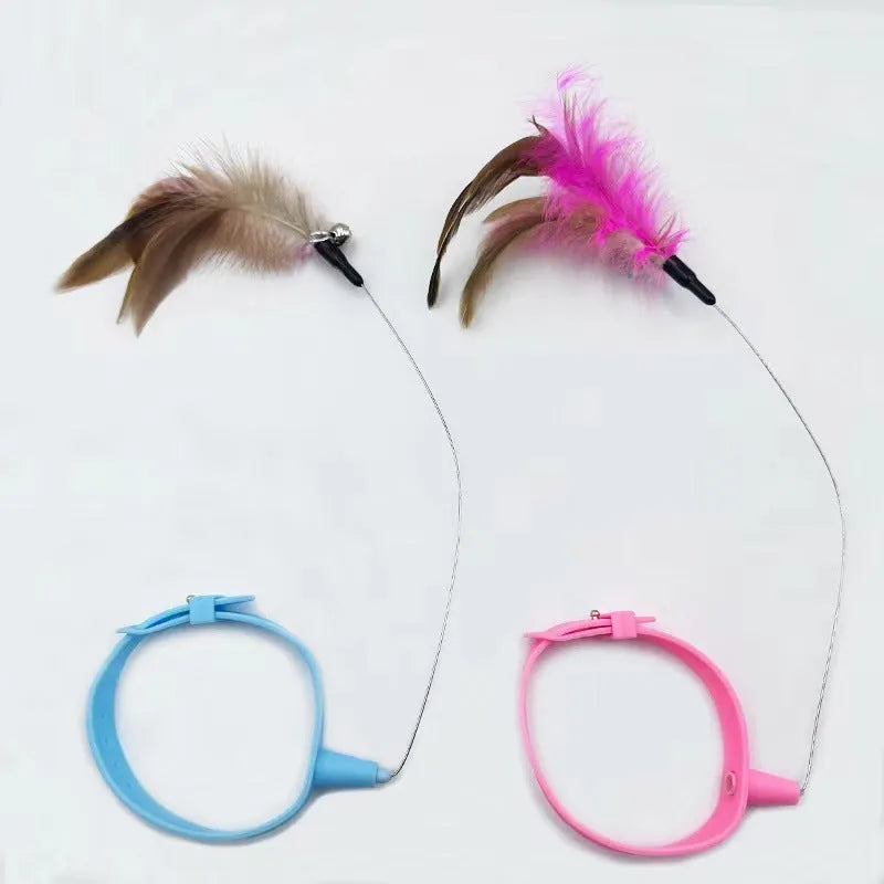 Blue adjustable cat collar toy with silicone teasing wand and feather teaser attachment for interactive play