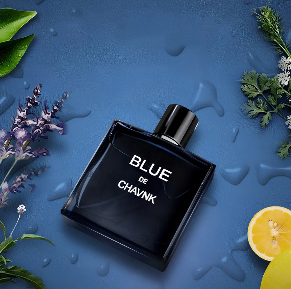 Men's woody citrus perfume bottle in black or blue, 100ml with spray, featuring sandalwood and cedar notes for lasting fragrance