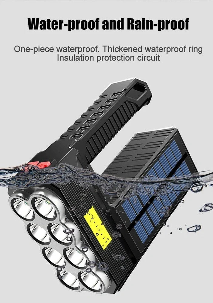 Solar USB rechargeable flashlight with 8 LED heads, aluminium alloy body, rubber switch, and side COB light