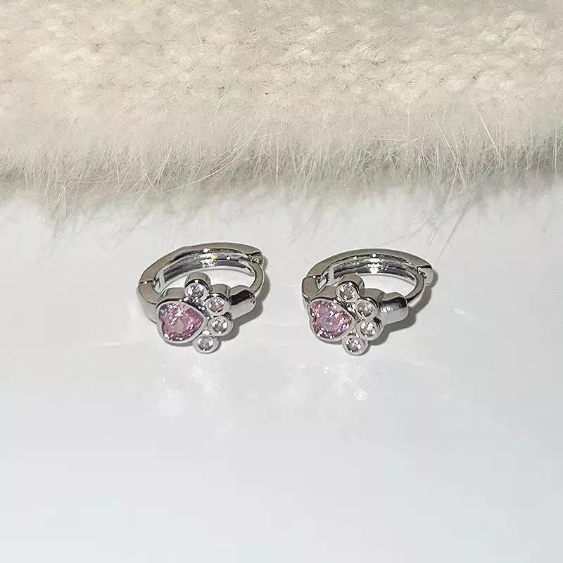 Diamond studded love cat foot earrings in pink, blue, and white alloy