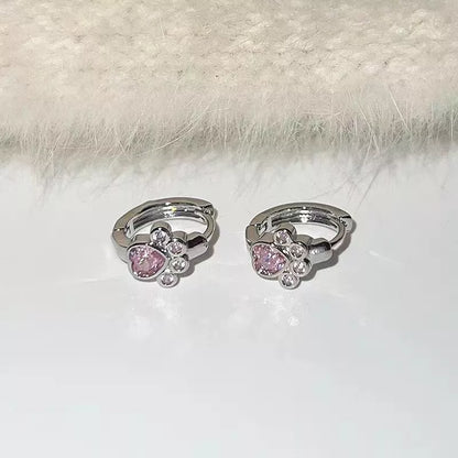 Diamond studded love cat foot earrings in pink, blue, and white alloy