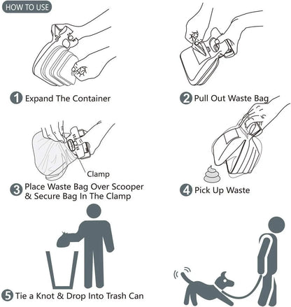 Blue portable dog pooper scooper with clip, unfolded waste container, and integrated bag dispenser.