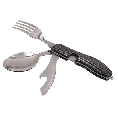 Green multi-functional 4-in-1 folding knife in stainless steel, showing folded knife, spoon, removable fork, and bottle opener for outdoor use