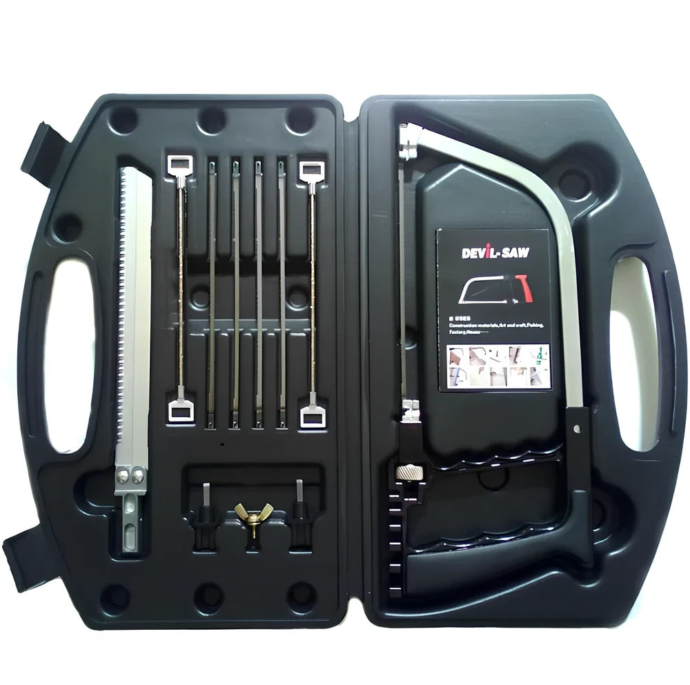 11-in-1 multi-function saw tool set with orange and black components including 5 blades and drill bits