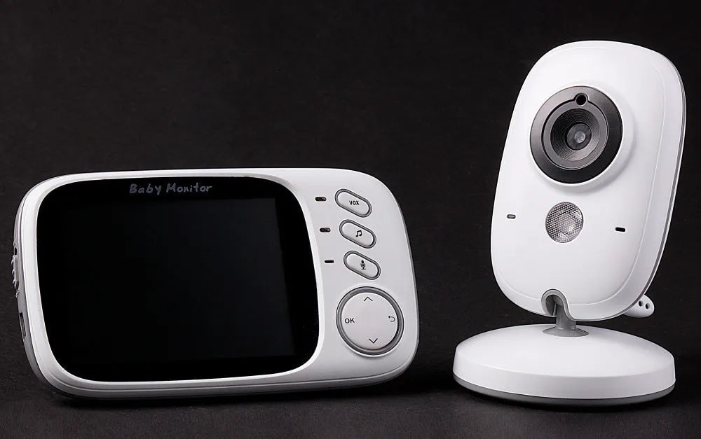 VB603 digital baby monitor with handheld LCD screen and camera unit showing night vision.