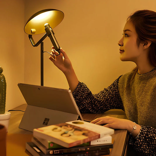 Grey metal USB LED desk lamp with 45cm height and push button switch for study lighting