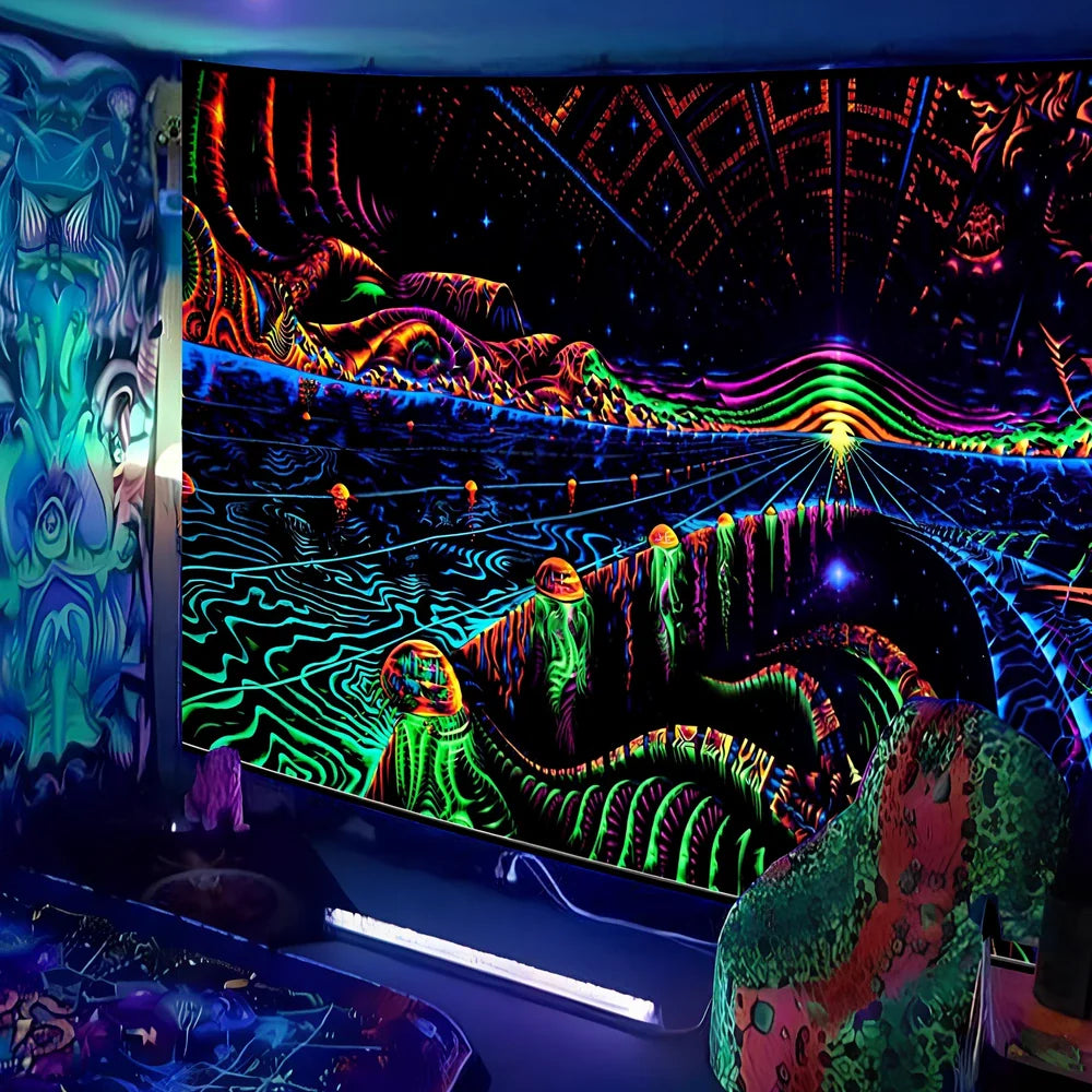 Fluorescent landscape tapestry in multiple colours and sizes with glowing UV effects