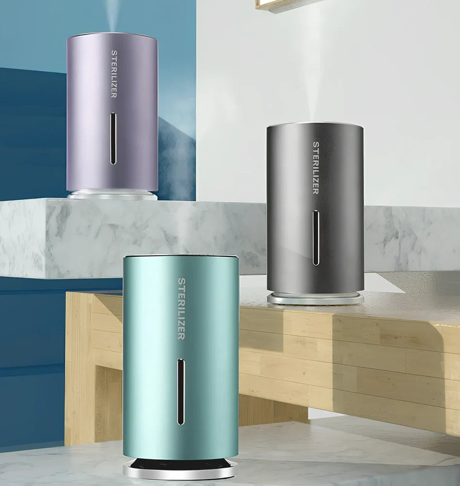 Compact aluminium humidifier with UV light, 65x65x115mm, black/green/purple colours, water tank visible