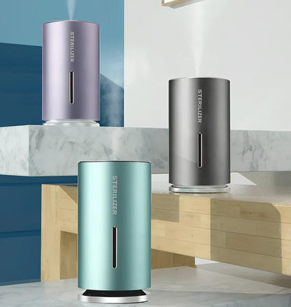 Compact aluminium humidifier with UV light, 65x65x115mm, black/green/purple colours, water tank visible